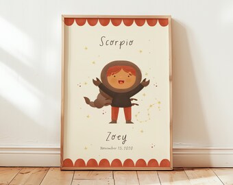 Scorpio star sign print for kids' room | Personalized zodiac art | Nursery wall poster | Baby shower gift