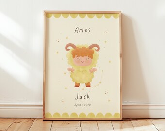 Aries star sign print for kids' room | Personalized zodiac art | Nursery wall poster | baby shower gift