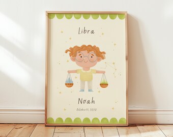 Libra star sign print for kids' room | Personalized zodiac art | Nursery wall poster | baby shower gift