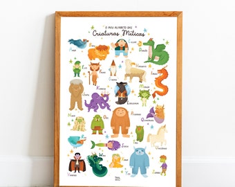 Alphabet of mythical creatures | Portuguese version | A3 poster for children's room and nursery | Educational Print