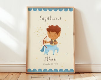 Sagittarius star sign print for kids' room | Personalized zodiac art | Nursery wall poster | baby shower gift