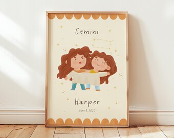 Gemini star sign print for kids' room | Personalized zodiac art | Nursery wall poster | baby shower gift