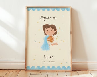 Aquarius star sign print for kids' room | Personalized zodiac art | Nursery wall poster | Baby shower gift