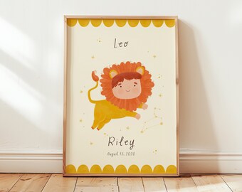 Leo star sign print for kids' room | Personalized zodiac art | Nursery wall poster | baby shower gift