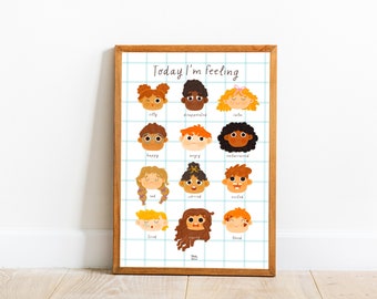 A3 feelings poster | Kids room print | Emotions chart | Montessori wall decoration | 3 background options