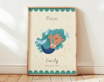 Pisces star sign print for kids' room | Personalized zodiac art | Nursery wall poster | baby shower gift