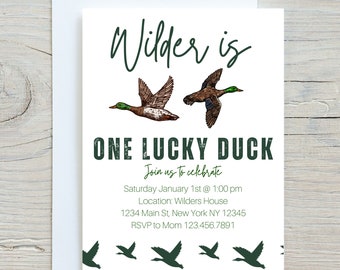 EDITABLE One Lucky Duck Birthday Invite 2nd, Duck First Birthday, Boy 1st Birthday, First Birthday Party Invitation, Hunting First Birthday