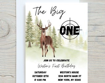 May include: A woodland-themed first birthday invitation featuring a watercolour illustration of a deer in a forest setting. The text reads "The Big One" with a target graphic around the word "One". The invitation includes details for the party, including the date, time, and location.
