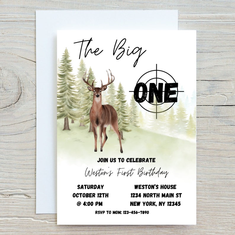 EDITABLE Hunting First Birthday, Buck Birthday, The Big One, Boy First Birthday, Deer Birthday, Whitetail Deer, Deer First Birthday Invite image 1