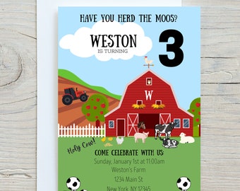 Farm Birthday Invite, Cow Birthday Invite, Animal Birthday Invite, Farm Invitation, First Birthday, Second Birthday, Holy Cow Birthday