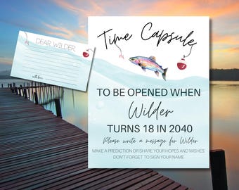 Editable Rainbow Trout Fish Time Capsule Sign and Card Template Bundle, First Birthday, The Big One, Fishing Birthday, 1st Birthday