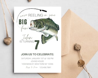 May include: A birthday invitation with a watercolor illustration of a largemouth bass. The invitation reads "We're reeling in some BIG fun! John is turning 7." Additional text includes party details and a phone number.
