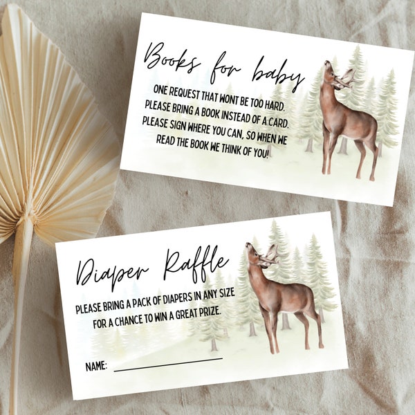 Deer Baby Shower Diaper Raffle and Books for Baby card bundle, Hunting Baby Shower tickets, Editable Template