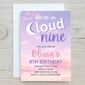 Convite EDITÁVEL Cloud Nine Birthday, 9º aniversário, convite de aniversário de menina, modelo de convite de aniversário moderno, Cloud 9