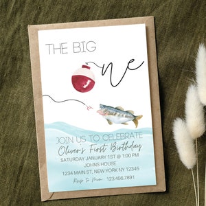 EDITABLE Fishing First Birthday Invite Portrait, First Birthday, The Big One, Fishing Bobber, Watercolor Fish Birthday Template, Aesthetic