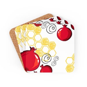 Set of 4 Rosh Hashana Coaster Set | Pomegranate Honey Coasters | Housewarming Gift | Rosh HaShana Gift | Jewish New Year Gift | Hostess Gift