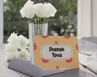Digital Download Set of Five Rosh HaShana Cards with Apples and Pomegranates in Yellows and Reds