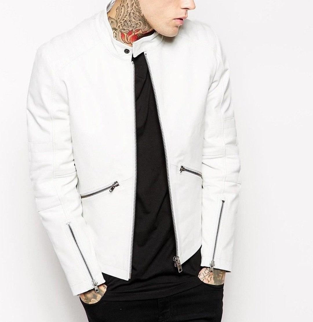 White Genuine Leather Jacket Men / Sheepskin Slim Fit Zipper Etsy