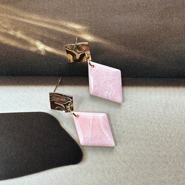 Faux  rose quartz | triangle shape | 18K gold plated posts | handmade polymer clay earrings