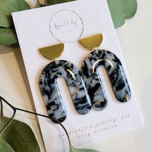 Rounded Arches | Black & white marbling with gold | handmade polymer clay earrings