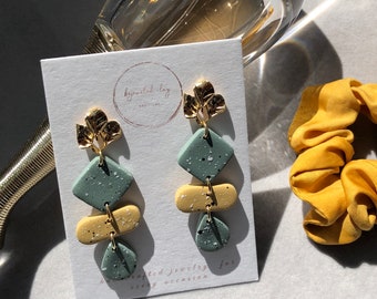 Handmade Sage Green Polymer Clay Earrings – Mustard Yellow, Gold Plated Posts