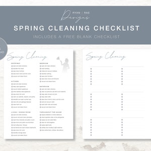 Op de afbeelding: Een digitale download van een checklist voor de voorjaarsschoonmaak. De checklist bevat secties voor de entree, keuken, woon/eetkamer, slaapkamer, badkamer en door het hele huis. Het ontwerp is minimalistisch met een lichtgrijs en wit kleurenschema.
