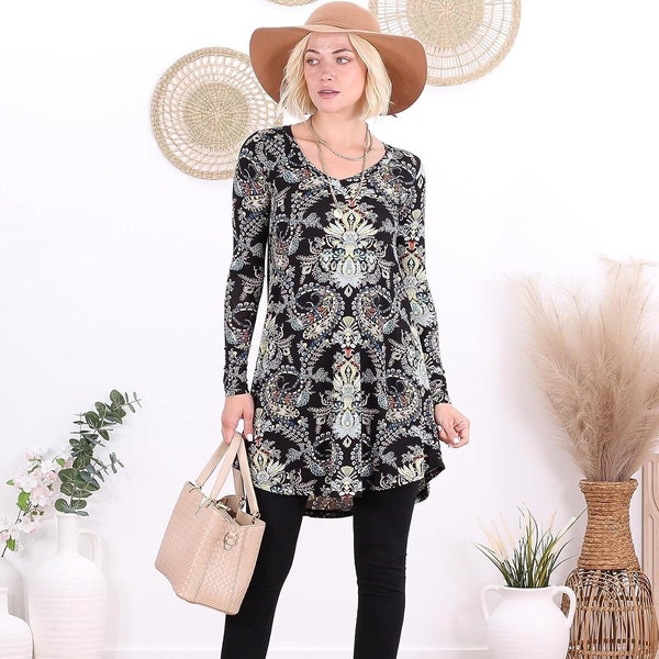 Printed Long Sleeve Tunics For Women - Sizes S-3XL