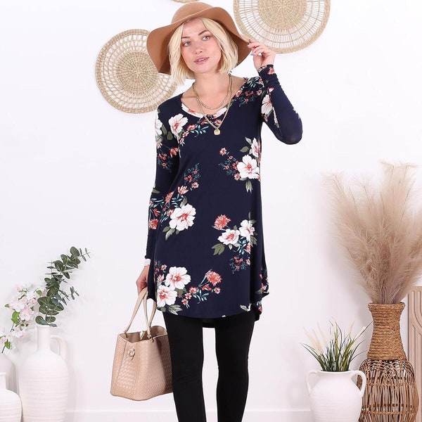 Floral Printed Long Sleeve Tunics - S-3XL