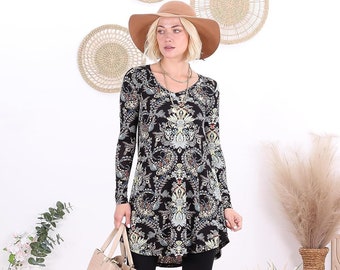 Printed Long Sleeve Tunics For Women - Sizes S-3XL