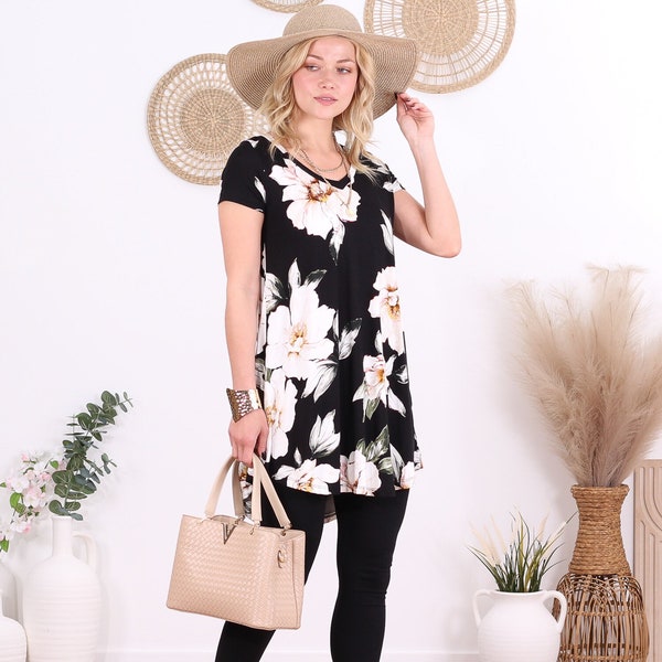 Printed Short Sleeve Tunics For Women, S-3XL