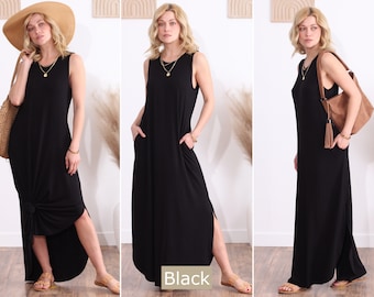 Sleeveless Casual Women's Pocket Maxi Dress, S-3X