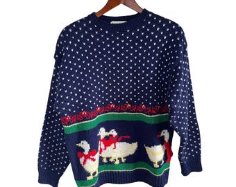 Maglione vintage anni '90 Country Geese a maglia grossa Cottage con anatre ricamate Primavera