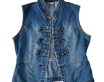 Vintage Y2K Denim Mandarin Collar Vest Waistcoat Peplum Utility Military Band