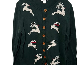 Vintage Y2K Ugly Christmas Sweater Green Cardigan Reindeer Cottagecore Size L