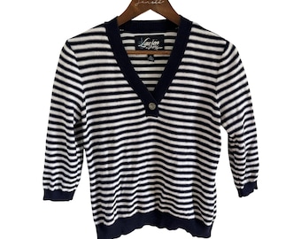 Ralph Lauren Gestreifter Pullover Dreiviertelärmel Nautical Americana Coastal Ruhiger Luxus Minimal Altes Geld 90er Jahre Y2K Damen M Marineweiß