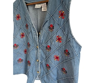 Vintage jaren 90 moeder geborduurde bloemen denim vest Cottage Grandma Fairy