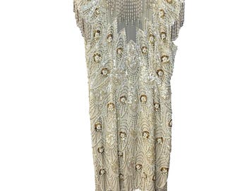 Vestido vintage de seda con lentejuelas y cuentas, floral, dorado y crema, formal, elegante, talla 10