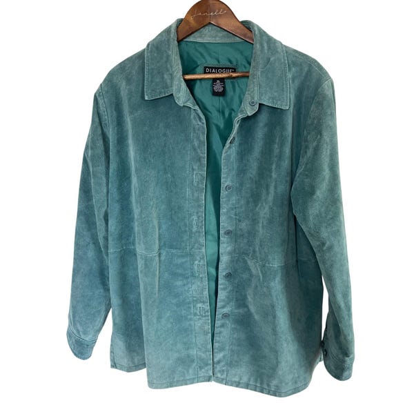 Vintage Y2K 90s Suede Leather Jacket Teal Blue Boho Oversized Women’s XL