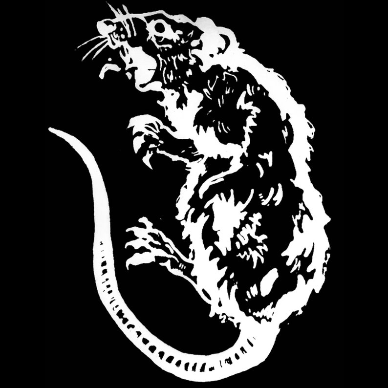 May include: A black and white illustration of a rat with a long tail. The rat is depicted in a menacing pose with its teeth bared.