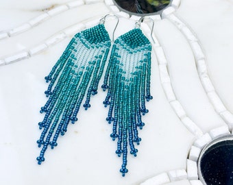 KINGFISHER: Light and Long Earrings, Turquoise Fringes, Handmade - Silver