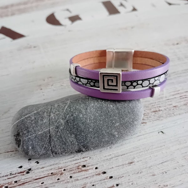 Bracelet cuir femme - Tina - mauve nacré