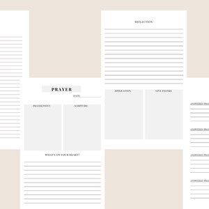 K&ouml;nnte beinhalten: Druckbare Journal-Seiten f&uuml;r Gebet und Lobpreis. Die Seiten beinhalten Abschnitte f&uuml;r Gebetsanliegen, beantwortete Gebete, Schrift, Reflexion, Anwendung und Dankbarkeit.