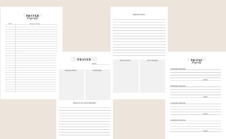 K&ouml;nnte beinhalten: Druckbare Journal-Seiten f&uuml;r Gebet und Lobpreis. Die Seiten beinhalten Abschnitte f&uuml;r Gebetsanliegen, beantwortete Gebete, Schrift, Reflexion, Anwendung und Dankbarkeit.