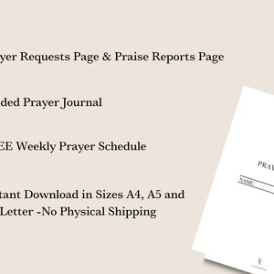 K&ouml;nnte beinhalten: Ein druckbares gef&uuml;hrtes Gebetsjournal mit einem wei&szlig;en Umschlag und dem Text "PRAYER JOURNAL: NAME:" oben. Das Journal ist zum sofortigen Download in den Formaten A4, A5 und US Letter verf&uuml;gbar.