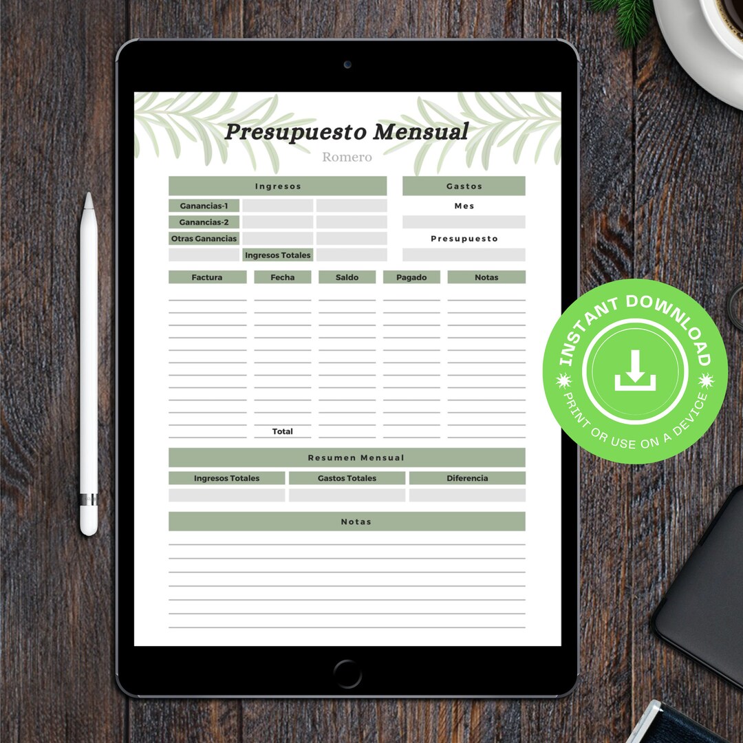 Monthly Budget Planner in Spanish, Relaxing Rosemary Plant Theme, Good