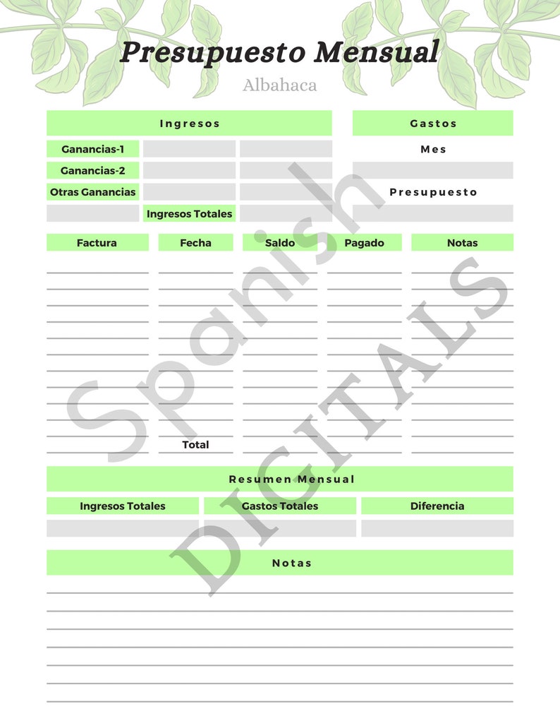 Monthly Budget Planner in Spanish, Relaxing Basil Plant Theme, Good