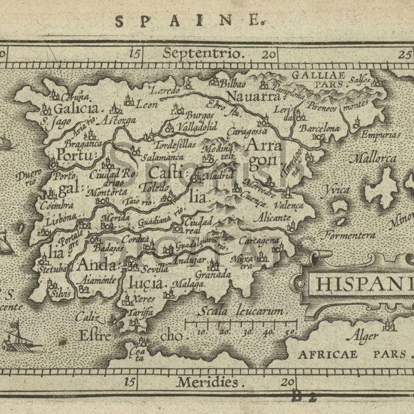 Antieke kaart van Spanje set van 3, afdrukbare download, old school coole kaarten van Spanje circa 1603, 1786, 1798, geografie, Europese kaarten