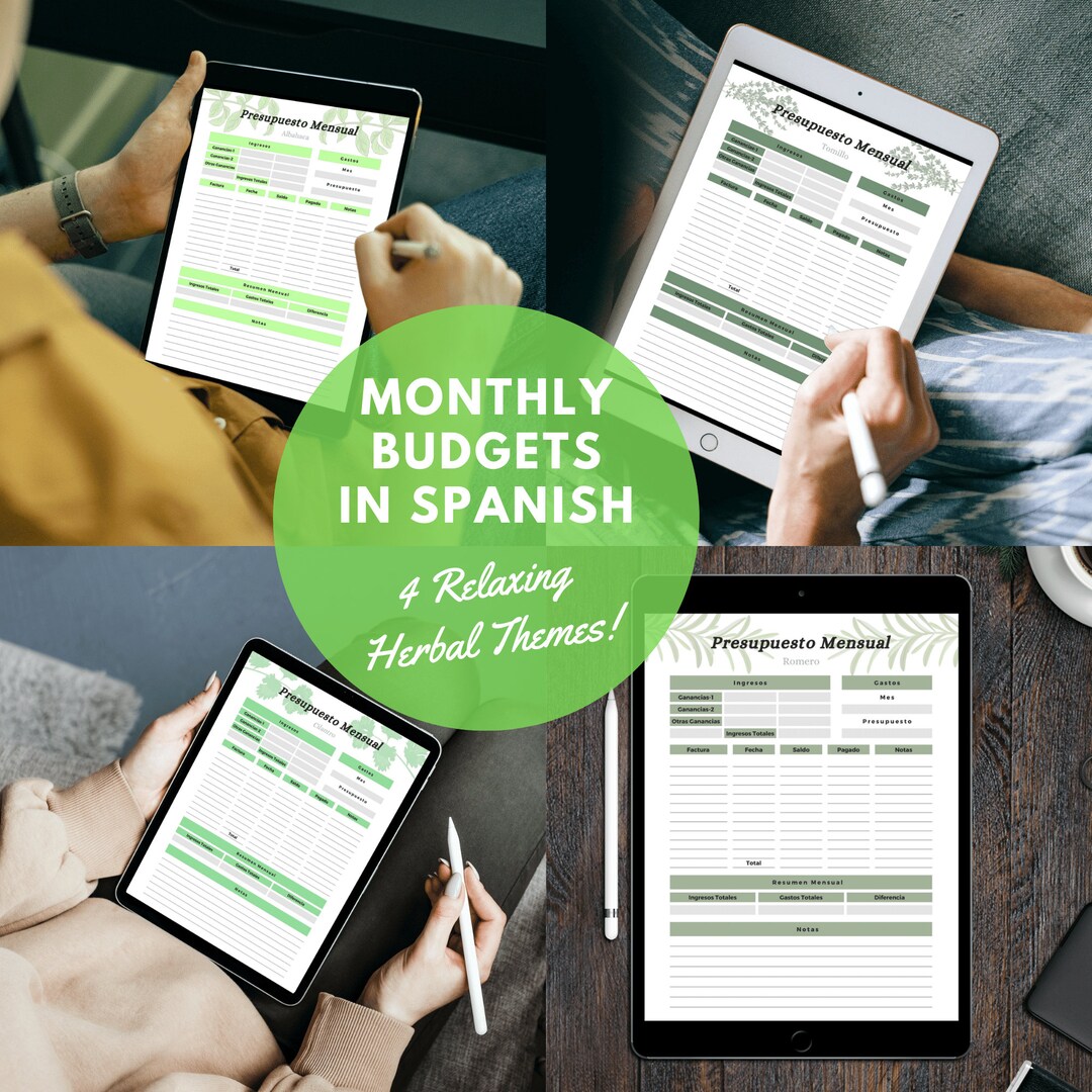 Monthly Printable Budget Set in Spanish, 4 Relaxing Herb Themes, Good ...
