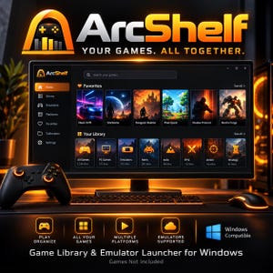 Könnte beinhalten: Ein Computermonitor zeigt die ArcShelf-Spielebibliothek mit schwarzem Hintergrund, orangefarbenen Akzenten und Spiel-Thumbnails. Ein schwarzer Gamecontroller und eine Maus liegen auf dem Schreibtisch. Der Text umfasst ArcShelf, Your Games. All Together und Windows Compatible.