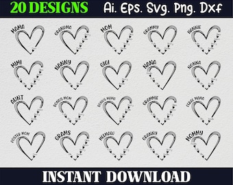 Paquete SVG PNG de corazón de mamá personalizado con nombres de niños / Diseño de regalo personalizado para el Día de la Madre